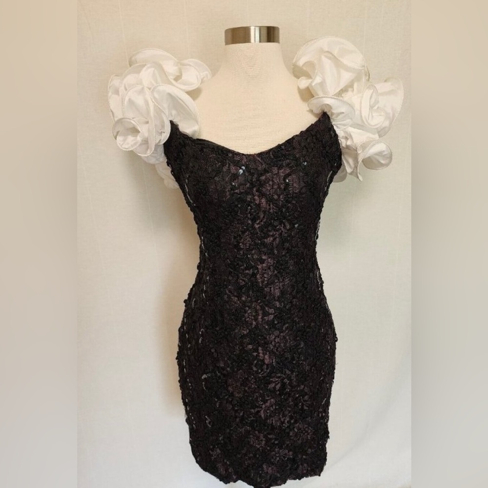 80s Vintage Puffed Sleeve Sequin Dress Black Prom Party Size 6